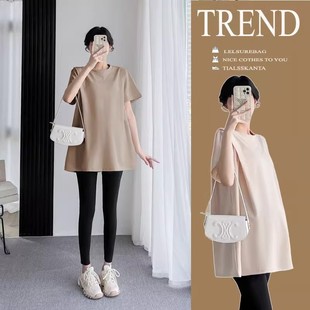 Pregnant Women's T-shirt Summer Summer New Korean-style Pregnant Women's suit Mid-length Belly-covering Loose Short-sleeve T-shirt Pregnant Women's Summer Dress