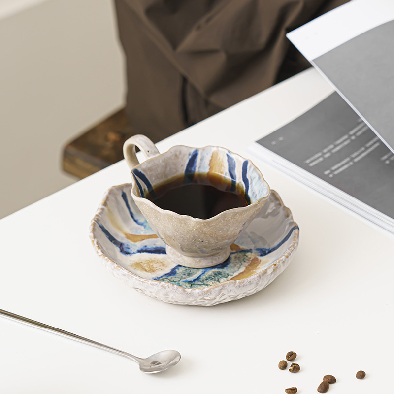 Lemeng Retro European-style Glaze Edge Irregular Coffee Cup Cappuccino Latte Fantasy Coffee Flower Cup and Saucer suit