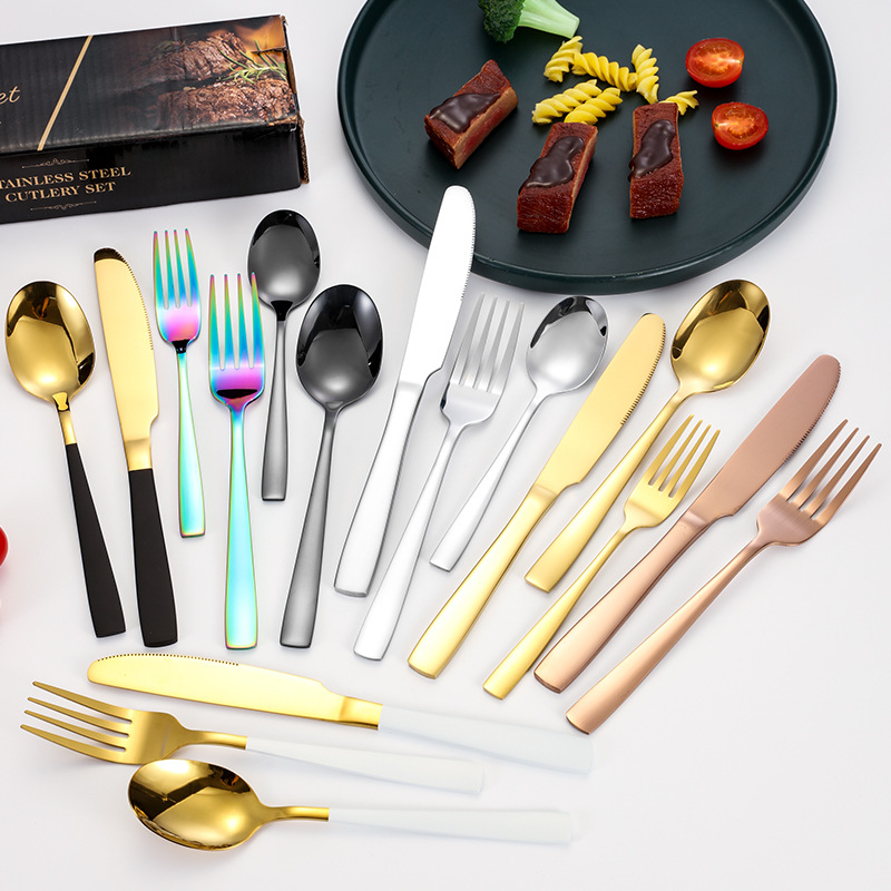 Transfronterizo Amazon cubiertos de acero inoxidable de mango cuadrado 20 / 24 / 30 piezas set cuchillo de filete de comida occidental tenedor cuchara set box