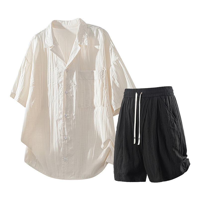 Cross-Border Wholesale Men's Summer Casual Suit Short-Sleeved Shirt Shorts Loose Slimming Cotton Two-Piece Set Korean Style Trendy Cross-Border Wholesale Men's Summer Casual Suit Short-Sleeved Shirt Shorts Loose Slimming Cotton Two-Piece Set Korean Style Trendy