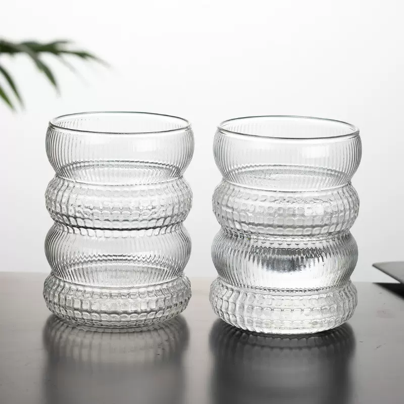 高颜值波纹玻璃杯ins咖啡杯牛奶杯家用可爱螺旋毛毛虫杯威士忌杯