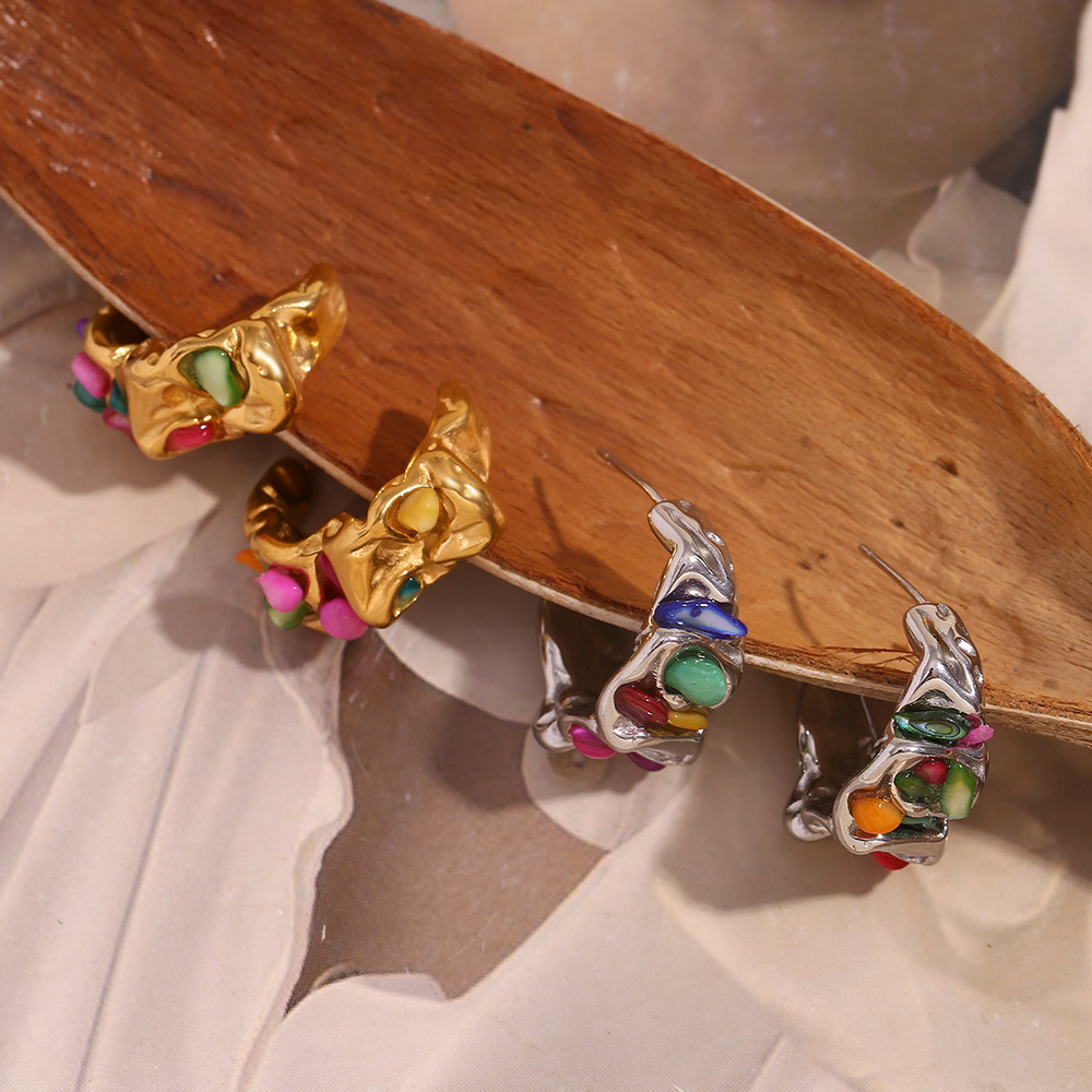 Moon Shaped Pleated Clay Stone Colored Earrings