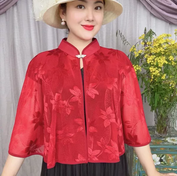 Summer New Hollow-out Cheongsam Shawl Women's Outer Wearing Western Style All-match Skirt Slip Skirt Outer Wearing Sun Protection Collar Cape