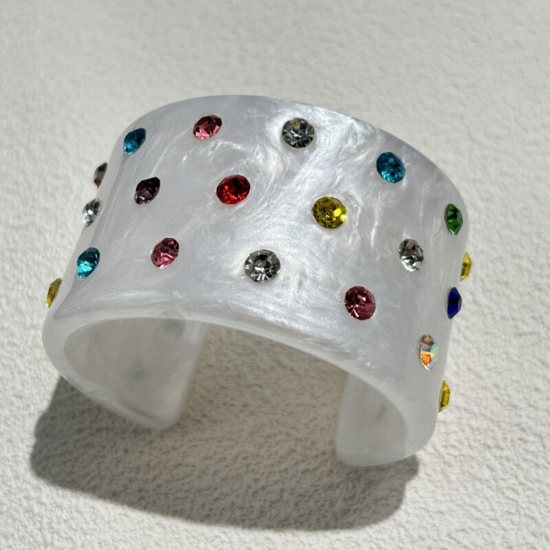 欧美重工复古彩钻镶嵌C形手镯 个性七彩中古Vintage摩登宽版手环|undefined