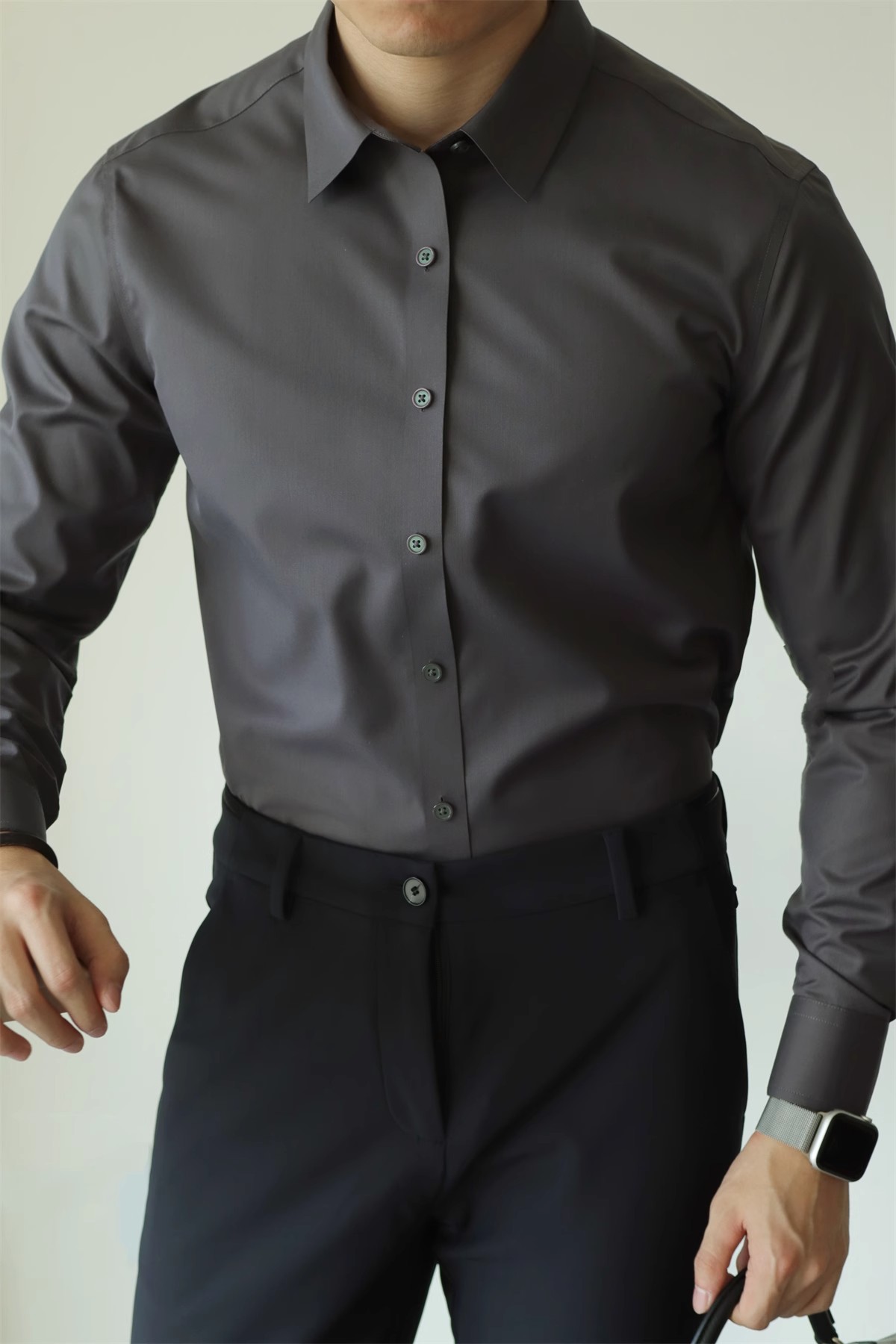 Abbigliamento da uomo, non stirabile, tinta unita, tecnologia nera a tre strati, senza cuciture, in fibra di bambù, a maniche lunghe, per il tempo libero, per lavoro, vestibilità comoda e aderente._voghion.com