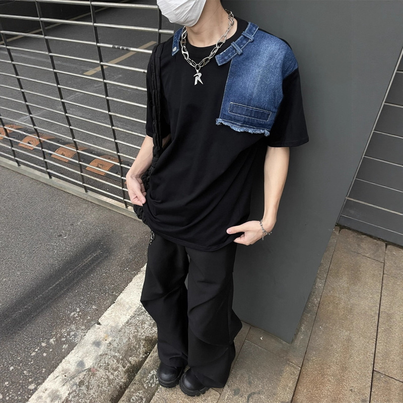 Denim Splicing Short-Sleeved Men's Summer New Fashion Brand Design Niche Boys' Clothes High-End Men's T-Shirt Trend Denim Splicing Short-Sleeved Men's Summer New Fashion Brand Design Niche Boys' Clothes High-End Men's T-Shirt Trend