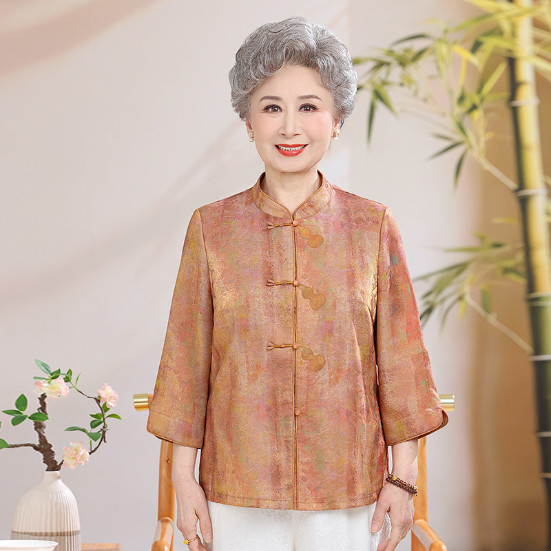 Mom's New Chinese-Style Three-Quarter Sleeve Shirt for 60-70 Year Old Seniors, Spring and Summer Tang Suit Shirt, Stylish Top for 80-Year-Old Grandma