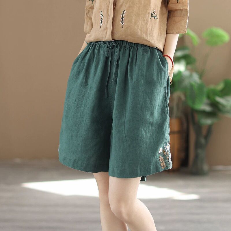 Summer New Arrival Shorts Women's High Waist Embroidered All-match Straight Leg Pants Thin Comfortable Breathable Cotton Linen Quad Pants Casual Pants