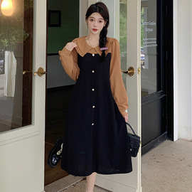 法式翻领连衣裙女韩国跨境新款春秋设计感娃娃领宽松腰长款A字裙