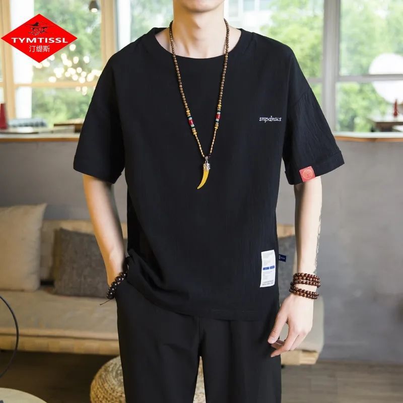Camiseta de lino de manga corta para hombre Traje Tang de estilo chino Traje de hombre gordo retro de gran tamaño Abrigo de algodón y lino de media manga suelto y delgado