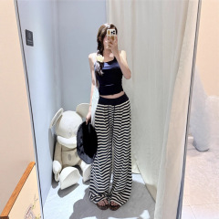 藏青条纹运动裤女2025秋季新款宽松显瘦休闲阔腿裤美式垂感拖地裤
