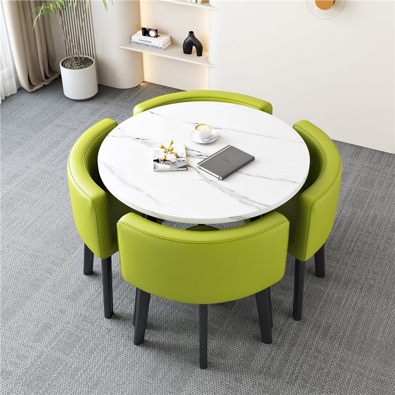 [Factory] 80 imitation white stone round table light green leather chair