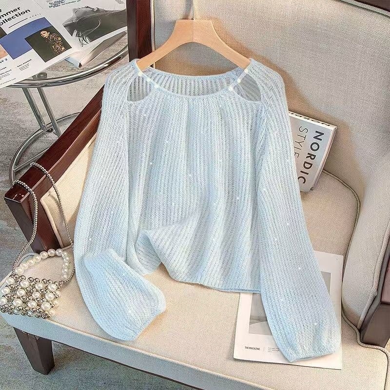 2025 primavera nueva ropa de mujer estilo coreano suelto dulce suéter de lentejuelas hueco reducción de edad diseño de todo fósforo sentido superior image 9