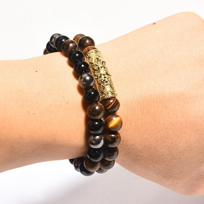 Bijoux en boule de cuivre, tube incurvé micro incrusté avec diamant, agate, œil de tigre, ensemble de bracelets pour hommes, 2 pièces_voghion.com