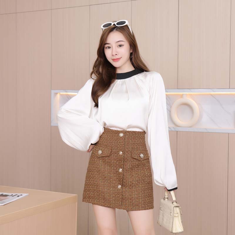 High-waist gold tweed a-line skirt fashionable women's high-end light luxury plaid skirt single-breasted skirt 2988