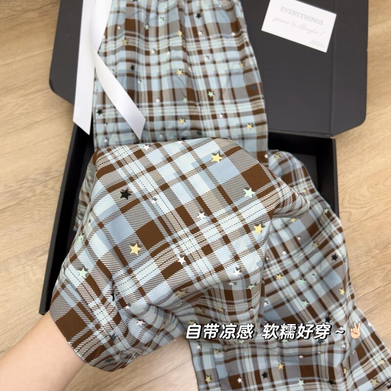 Plus-Size Korean-Style Plaid Star-Patterned Casual Pants, Relaxed Ribbed Ice Silk Pants for Women, Summer Plaid Casual Pants, Large Size