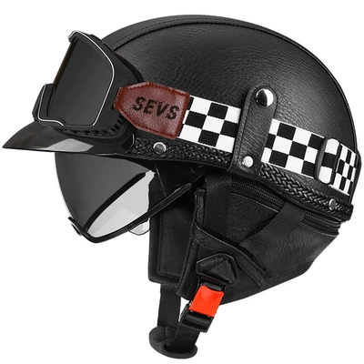 car helmet Japanese scoop helmet, Motosiklet kaskı (dəbilqə) - black-leather-tea-mirrormig-large-frame-black-mirror-m