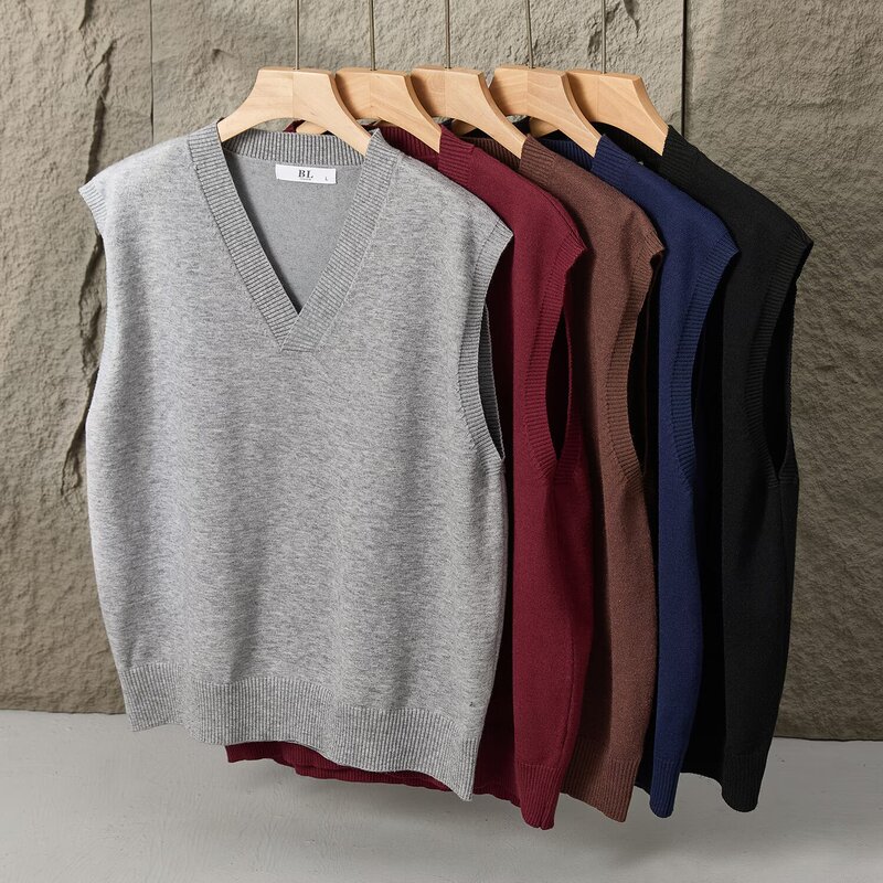 Spring and Autum Brown V Neck Woolen Vest Men's Ins Trendy Brand Loose Casual Sleeveless Knitwear Korean Style Trendyy Knitwear