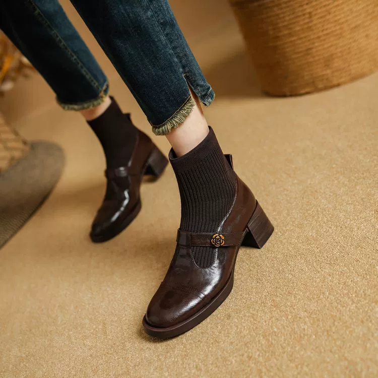 Французский трикотажный шерстяной сапоги Мэри Джейн носки женские камелии с круглой головой на толстом каблуке кожаные сапоги на высоком каблуке эластичные тощие сапоги