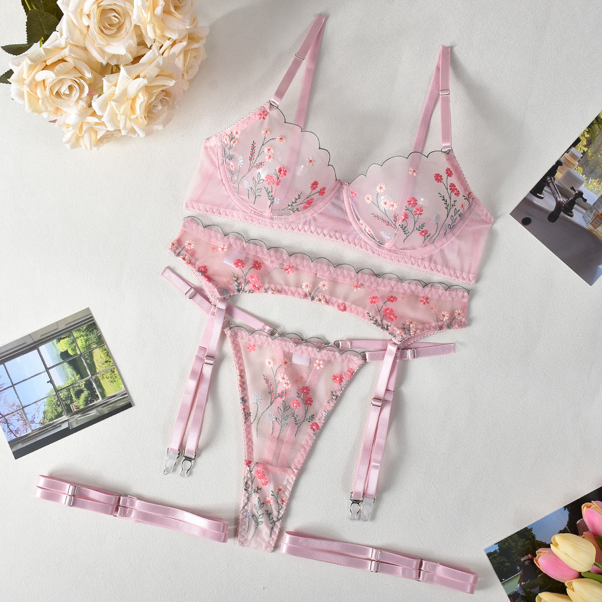73g Weight Sleeveless Sleeve Length Sexy Lingerie Lingerie Type Mesh Yarn Fabric Type Sexy Lingerie Sets Sets Type 4 Pieces Set Quantity Home, Sleeping Occasion Strap Neckline Flower Pattern All Seasons Season Women's Gender Embroidery Design Sexy Style Women's Sexy Flower Sexy Lingerie Sets Home Sleeping Embroidery Sexy Lingerie 7