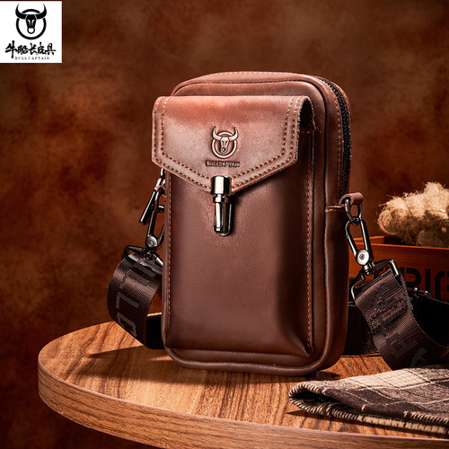 Captain Cow Leather Retro Crazy Horse Leather Mobile Phone Waist Bag Men's Genuine Leather Cowhide Belt Crossbody Waist Bag Small Pocket