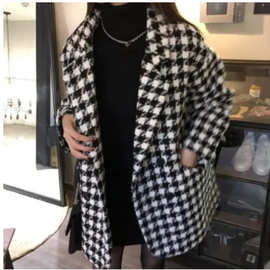 复合毛呢千鸟格子外套女秋冬季新款韩版宽松休闲加厚中长款大衣女