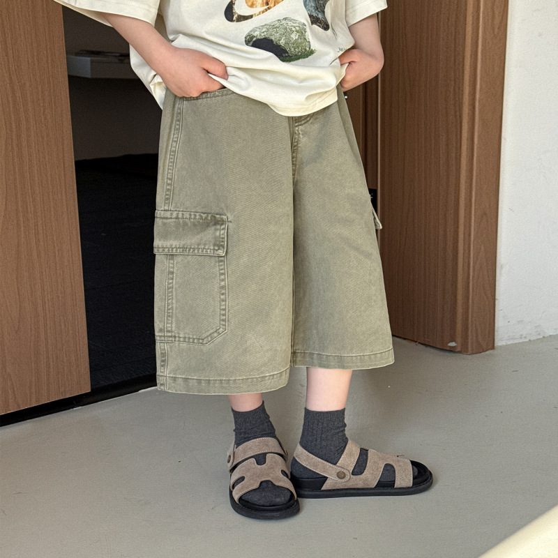 New Denim Cropped Pants 2026 Summer Washable Korean Style Retro Nostalgic Children's Casual Pants with Large Side Pockets Trendy New Denim Cropped Pants 2026 Summer Washable Korean Style Retro Nostalgic Children's Casual Pants with Large Side Pockets Trendy
