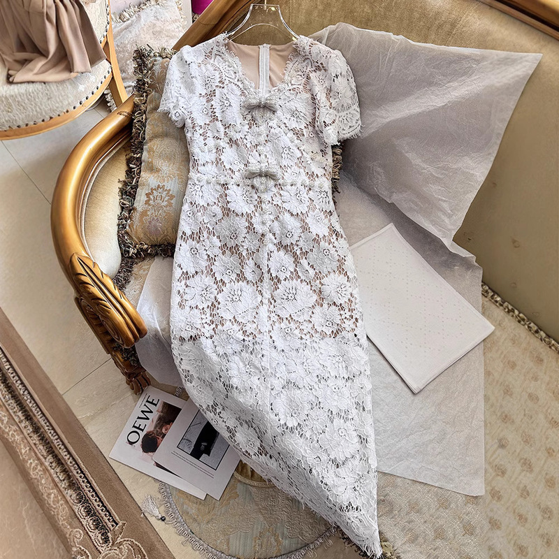 SP Lace with Diamond Bow Long dress Flower Short-sleeved Ladies Elegant High-end Dress