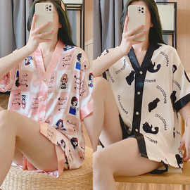 冰丝睡衣女夏季短袖薄款可爱卡通V领丝绸家居服夏天外穿两件套装