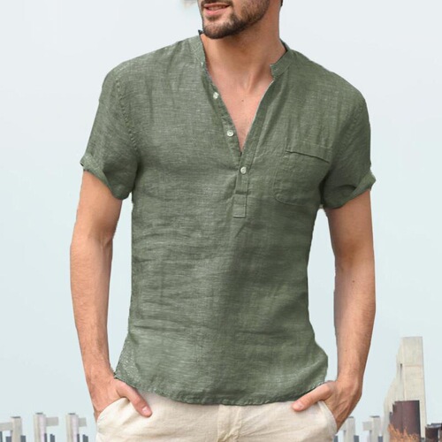 Men's Plain Color Stand Collar Half-Open Thin Short-Sleeve Shirt - Popular in Europe and America, Exports, Casual Men's Clothing