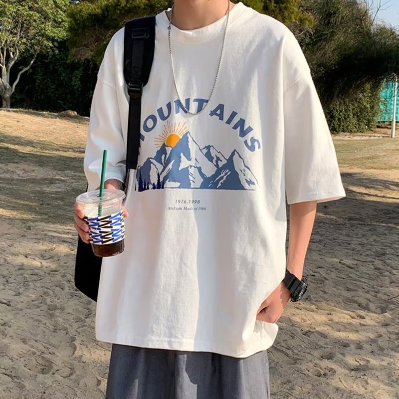 Men Loose Fit Mountain Print T-Shirt Summer White