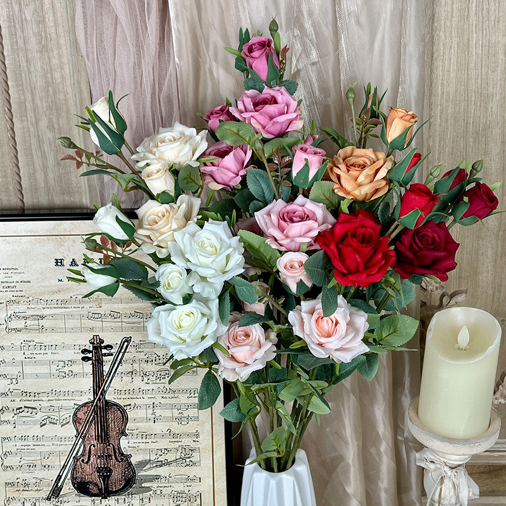 2-Branch Rose Artificial Flower Hotel Soft Decoration Rose Wedding Floor Arrangement Silk Flower Home Living Room Decoration Ornaments