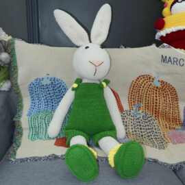 纯手工手钩可爱兔子玩偶绿背带裤带黄点缀造型别致毛线柔软