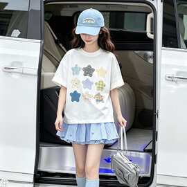 女童韩系套装2026夏季新款甜美五角星上衣洋气蓝色蝴蝶结百褶短裙