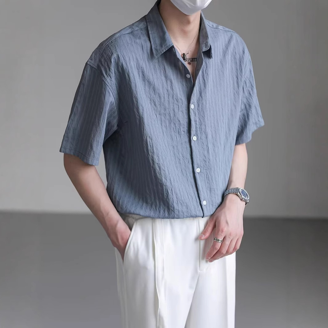 Textured Shirt Men's Short-Sleeved Summer Ice Silk Light Mature Style Men's High-End Draped Three-Quarter Sleeve Shirt Jacket