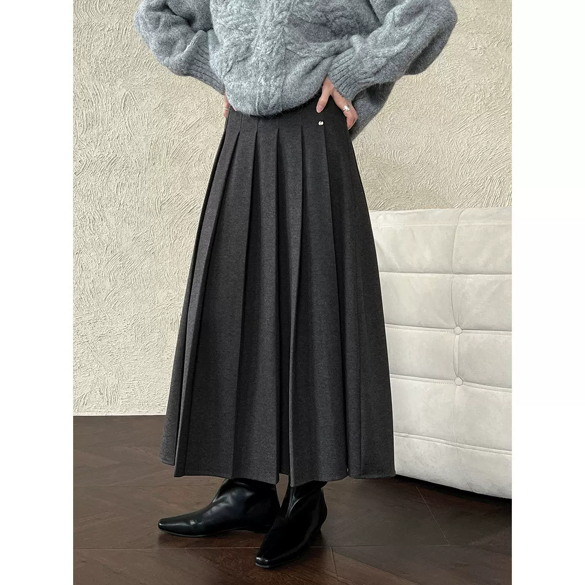 鹿西 韩系高腰毛呢百褶半身裙女秋冬新款半松紧百搭休闲半裙1768