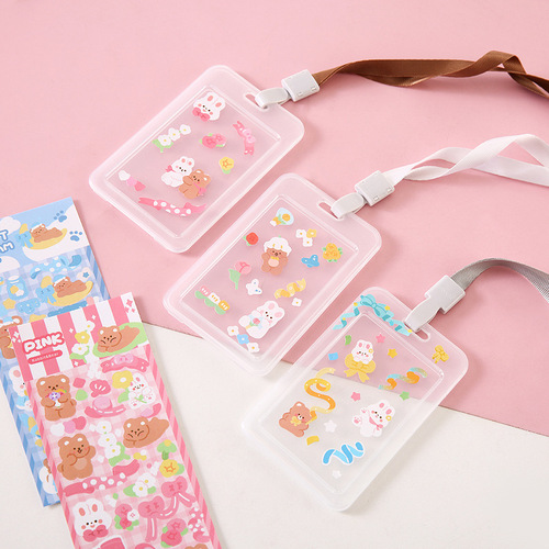 Cartoon sticker transparent pp solid color card holder single shell student lanyard bus access card holder candy color lanyard