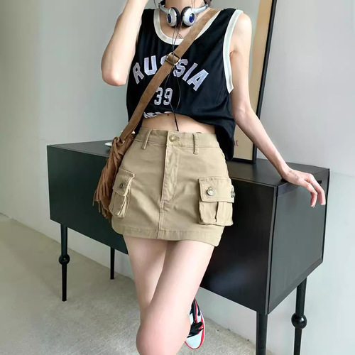 Khaki work denim short skirt for women, American retro high-waist a-line skirt, hot girl anti-exposure package hip culottes