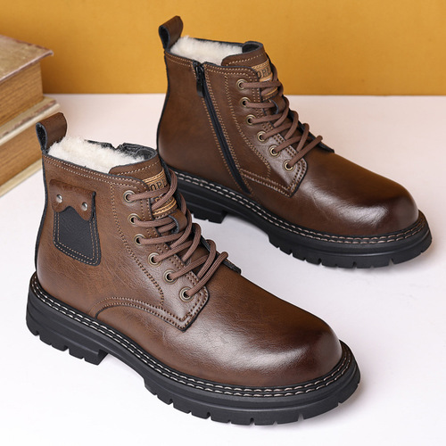 Autumn and winter suede men's shoes, non-slip leather shoes, men's genuine leather casual Martin boots, fur integrated thick warm cotton shoes