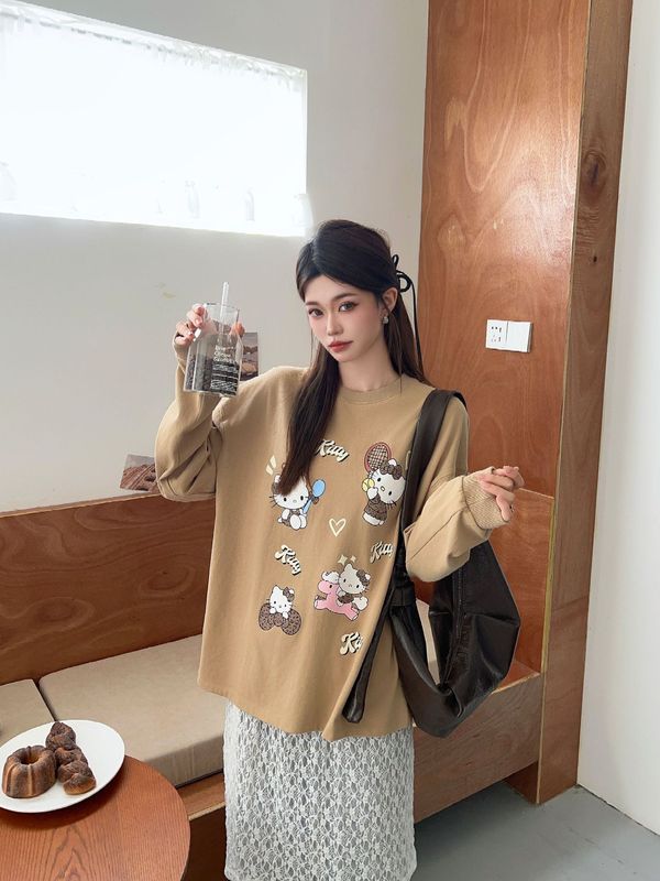 薛科科 卡通kitty猫印花纯棉长袖T 25秋季韩版潮流设计感女式打底|undefined