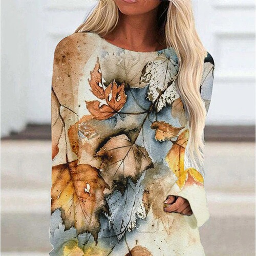 Spring and Autumn Amazon Western Style 3D Digital Print Women's Mid-length Irregular Hem Long-sleeved T-shirt—European and American Style
