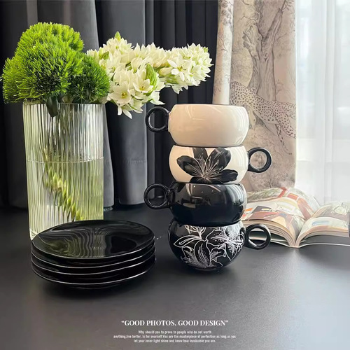 黑白咖啡杯碟套装复古创意下午茶杯碟组合陶瓷早餐咖啡杯子甜品盘