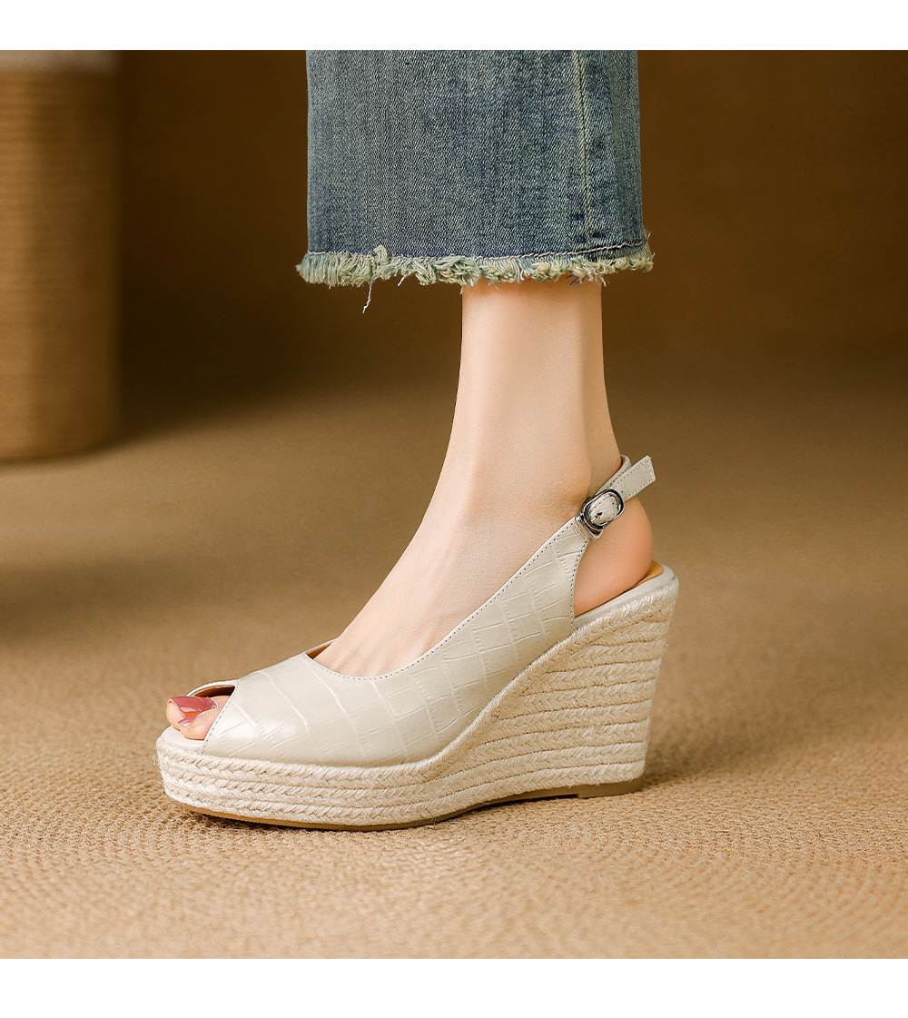 Sandal cao gót nữ hở mũi quai ngang đế xuồng đan rơm — màu trắng ngà, màu vàng chi tiết 10