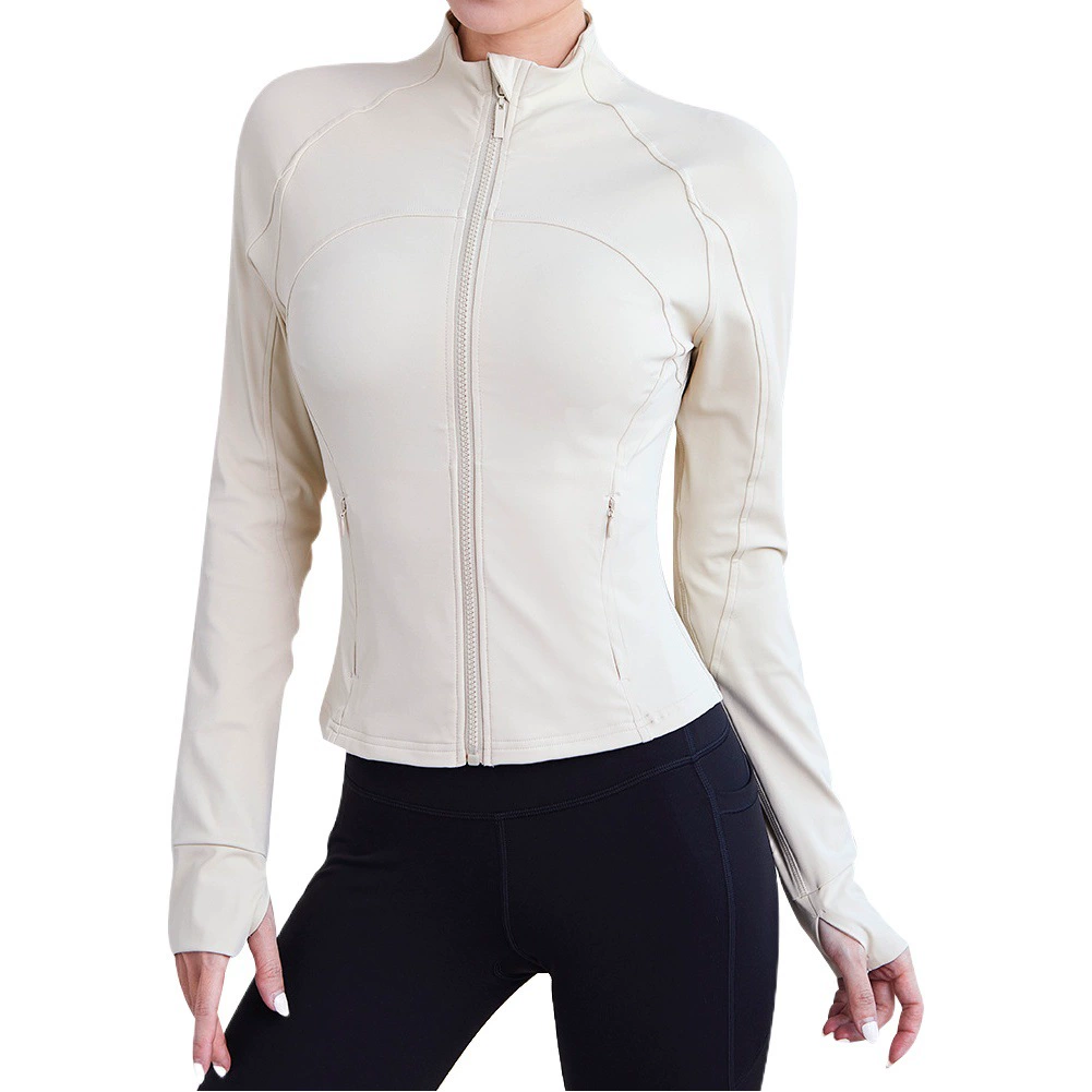 Новая куртка для фитнеса, Женская куртка с воротником-стойкой, карманом на молнии, с длинным рукавом, эластичный облегающий Быстросохнущий Спортивный Топ для йоги