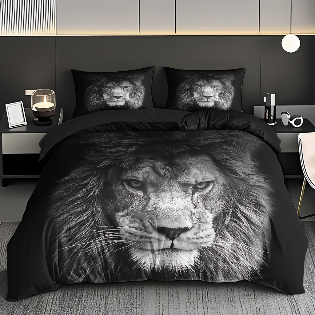 TEMU / JIT abrasión digital impresión cama colcha de cama pro-piel kit textil casero frío negro patrón de león fábrica fuente