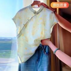 新中式真丝桑蚕丝衬衫女装短袖夏季薄款国风小衫立领斜襟盘扣上衣