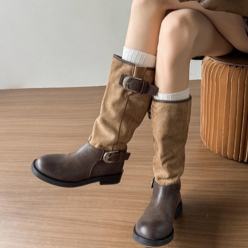 Genuine leather~Ma Si Chun's same style women's long boots, 2026 new model, patchwork pleated western stacked boots, riding boots