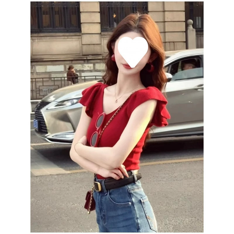 Французская розовая футболка из ледяного шелка с v-образным вырезом и короткими рукавами для женщин летом, элитный сексуальный облегающий короткий топ с маленькими летящими рукавами Pure Lust