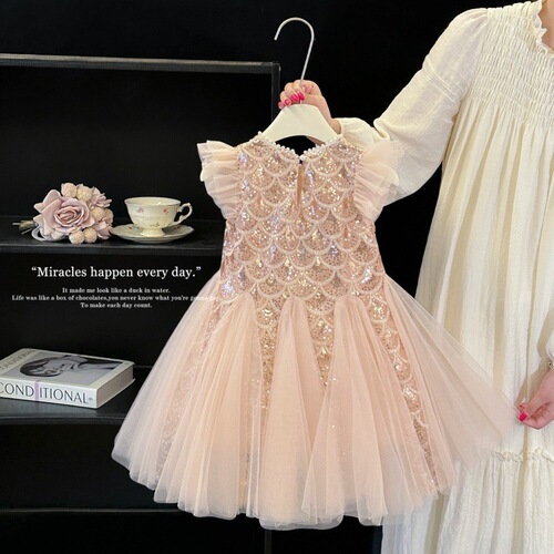 Girls' Summer 2025 Princess Dress with Net Fabric, Baby Fashion, Fly Sleeve Backless Top Skirt