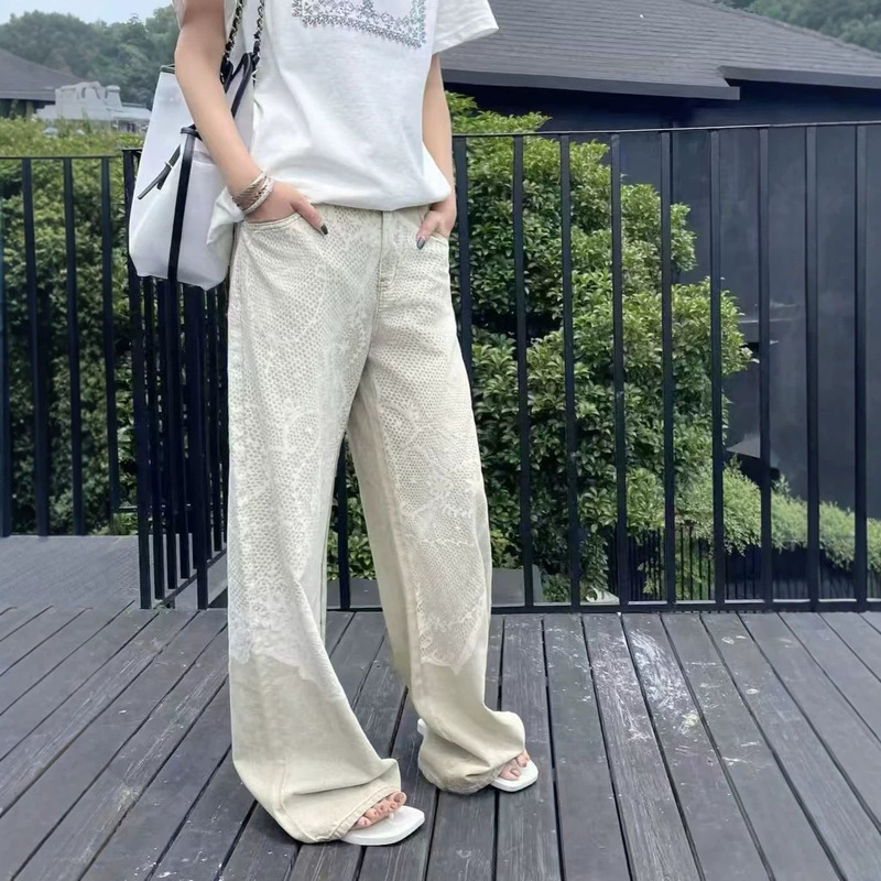 In stock: ICE designer brand, 2026 early autumn new collection, lace-printed, vintage-style, distressed, straight-leg, wide-leg jeans for women In stock: ICE designer brand, 2026 early autumn new collection, lace-printed, vintage-style, distressed, straight-leg, wide-leg jeans for women